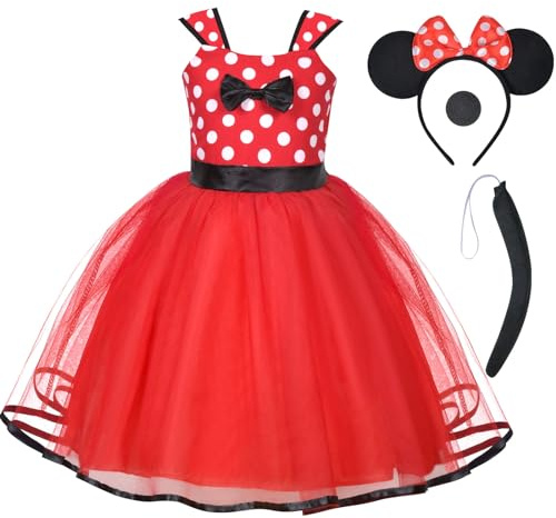 ACWOO Minnie Princess Costume, 4PCS Minnie Fancy Dress Up Costume for Kids Girls, Minnie Polka Dot Tulle Skirt with Ear Headband, Nose, Tail, Girls Carnival Mouse Costumes for Halloween Birthday Party