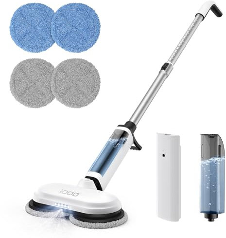 iDOO Cordless Electric Mop, Dual-Motor Electric Mop Floor Cleaner with Detachable Water Tank & Headlight with 4 Pads, Quiet Rechargeable Hard Floor Cleaner Perfect for Tile, Hardwood, Laminate, White