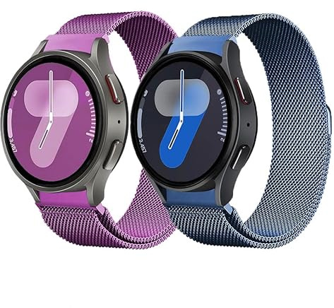 2 Stück Mesh Metall Armband für Samsung Galaxy Watch 7/6/5/4/FE 40 44mm | Keine Lücke Magnetische Armbänder für Samsung Galaxy Watch 6 Classic 43 47mm/5 Pro 45mm/4 Classic 42 46mm,Lila/Blau