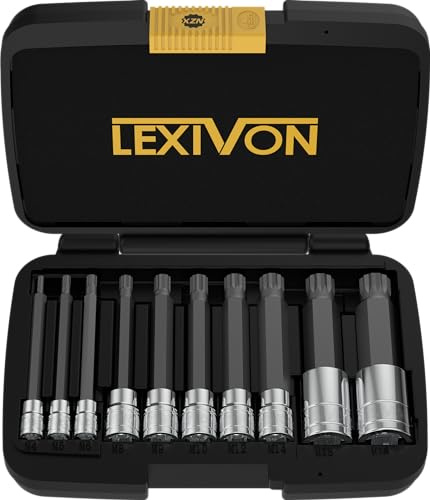 LEXIVON XZN Juego de casquillos de punta estriada cuadrada triple, extra largos de 4 pulgadas | 10 Piezas estilo europeo M4 - M18, Acero Aleación S2 de Primera Calidad | Estuche mejorado (LX-145L)