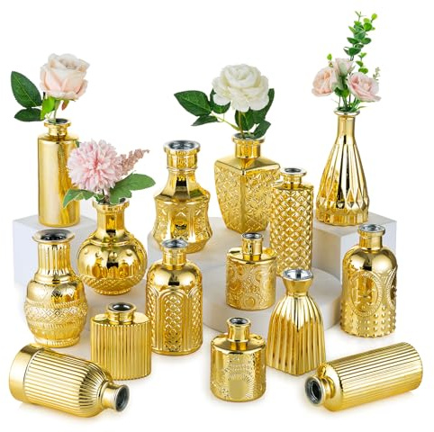 NUPTIO Glas Vase Hochzeit Tischdeko: Satz von 15 Kleine Gold Glasvasen Mini Blumenvase Vintage Tischvasen Antik für Hochzeitsdeko Geburtstag Party Wohnzimmer Deko