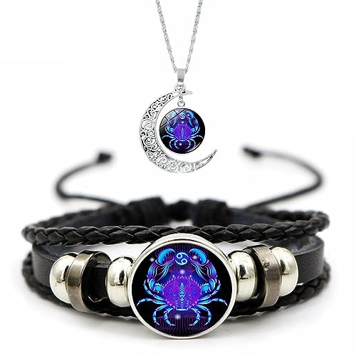 Overhil1s Zodiac Constellation Astrological Unisex-Adult Zodiac Jewelry Set, 12 Constellation Weave Leather Bracelet and Moon Pendant Necklace, Glows in the Dark, Adjustable Length, Birthday Gift