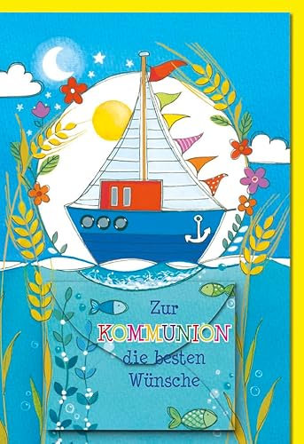 Verlag Dominique Glückwunschkarte Kommunion mit Geldkuvert blaues Schiff auf Wasser - mit Umschlag