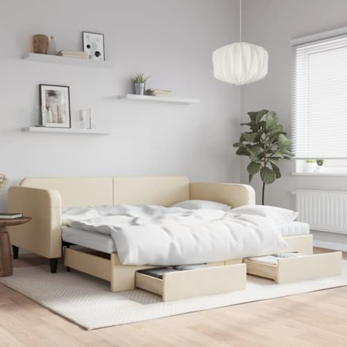 CKioict Palettenbett Modernes Bettgestell Jugendbett Tagesbett Ausziehbar mit Schubladen Creme 100x200 cm StoffGeeignet für Gästezimmer, B&Bs, Schlafzimmer