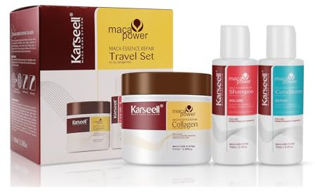 Karseell Collagen Hair Treatment Deep Repair Hair Care Set, Maca Essence Collagen Hair Mask Shampoo Conditioner Travel Set for Dry Damaged Hair All Hair Types 100ml/70ml/70ml