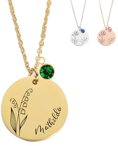 XELLENZ - Halskette Damen mit Gravur & Geburtsstein | Namenskette mit Blume – Schmuck Geschenk für Frauen, beste Freundin, Mama, personalisierte Geschenke für Geburtstag & Weihnachten