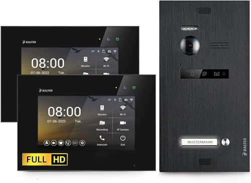 Balter EVO-HD Video Türsprechanlage, Video Türklingel, 1 Familienhaus Klingel, 2X 7 Zoll HD-Monitore, Full HD-Kamera, 2 Draht Bus, Gegensprechanlage mit 175° Weitwinkel-Kamera, Schwarz