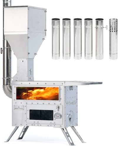 GRÖN STOVE Camping Pellets brinnande gryta med ugn, bärbar braskamin för utomhusbruk, matlagning, vandring, varmt tält. 430 rostfritt stål. Skorstensrör ingår