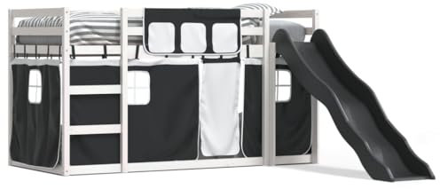 Cinyiqo Bunk Bed without Mattress with Slide White and Black 90x190 cm Single-Single over Single Loft Bed Frame with Ladder and Safety Guardrail,Home Bedroom Dormitory Space-Saving High Sleeper Beds f