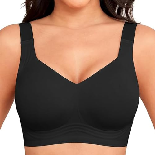 YGJIEGENG Jelly Bra Wireless Seamless Bras for Women Soft Support Full Coverage Plus Size Deep V Bras Sleep Everyday Bras with Padded(Black X-Large)