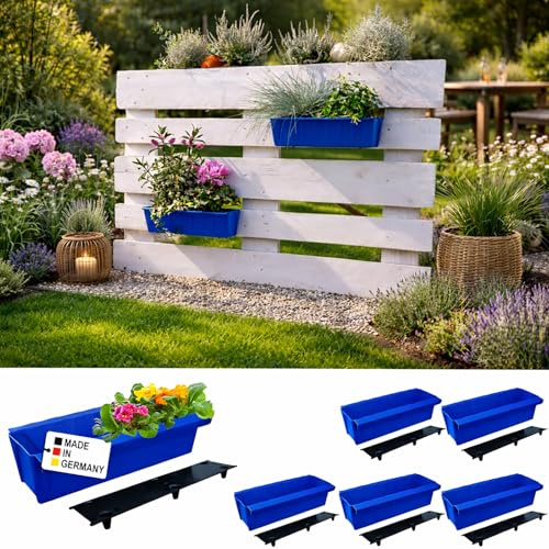 Paletten Blumenkasten Einsatz 37,3 cm 6er Set Blau Europalette Hängesystem | BURI, Bewässerungsmatte, Europalette, Kunststoff, Made in Germany, wetterfest, Balkon, Hochbeet, stabil, langlebig
