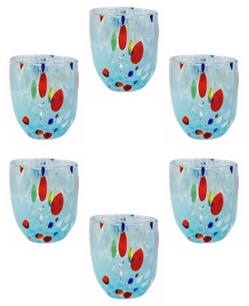 MurArt Verres de Murano Lot de 6 verres de 250 ml Collection Vagues en verre soufflé à la main en fabrication artisanale Made in Italy (Celeste, Short 6 pièces)
