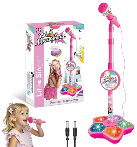 XPJBKC Microphone et support pour enfants, machines de karaoké réglables avec lumières de scène clignotantes, support de microphone pour enfants pour filles et garçons de 8 à 12 ans, cadeau