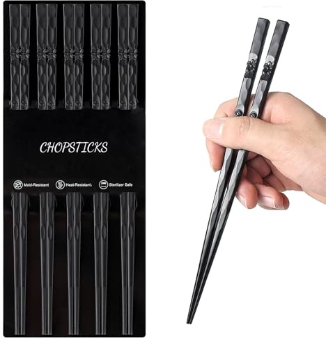 Kucensi 5-Paar Fiberglas Essstäbchen Spülmaschinenfeste, Wiederverwendbare Legierung Schwarze japanische Sushi Rutschfeste Essstäbchen Set