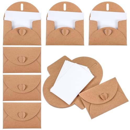Piriuuo 25 Stück Mini Briefumschläge, Kraftpapier Umschläge mit 25 Blanko Karten 10.5 * 7cm Kleine Briefumschläge mit Herz Verschluss Mini Briefumschlägefür DIY Dankeskarte Geschenkkarten Weihnachten