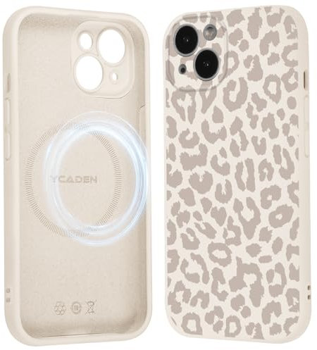 Saqmkil Handyhülle Magnetische für iPhone 15 6,1 Hülle, Aesthetic Muster Leopard Mädchen Case Kompatibel mit MagSafe, Flüssigem Weich Silikon TPU Bumper Stoßfeste Kratzfest Schutzhülle Cover, Beige