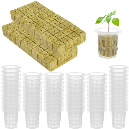 yeeplant Kit de démarrage hydroponique avec 72 cubes et pots en filet, bouchons en laine de pierre pour une rétention efficace de l'eau et une germination rapide des graines