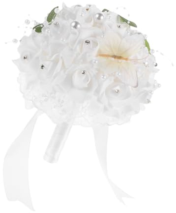Bouquet da Sposa Artificiale Rosa Bianca con Perle Finte e Pizzo 1 Pz