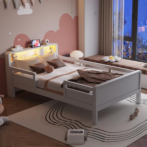 Kinderbett Holzbett 90x200, Multifunktionsbett mit USB Typ-C Steckdose&LED-Leuchte&Stauraum-Kopfteil, Bett Einzelbett Jugendbett Bettgestell mit Rausfallschutz, Kiefernholz, Ohne Matratze, Weiß