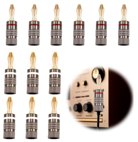 6 Pairs 4mm Banana Plugs 24K Gold Plated Dual Screw Closed Design Speaker Connectors Space Saving Compatible with 12-18 AWG Wire for Home Theater Amplifier Audio Receiver Wall Plate Sound Systems