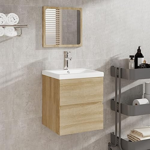 Qnhdfrt Mobiletto per lavabo con specchio e vasca da incasso, in rovere Sonoma, bianco, 41 x 38,5 x 45 cm, con cassetto per riporre il bagno e il WC