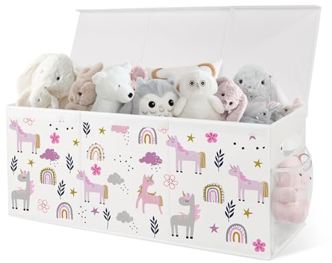 omedecal Large Toy Box Storage, Collapsible Toy Basket with Lids and Mesh Pocket, Cute Kids Storage Boxes for Clothes Book, Toy Chest Organizer for Bedroom Nursery, 95.5 x 32 x 40cm(Unicorn)