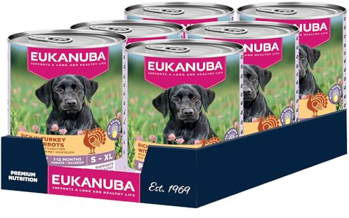 Eukanuba alimento para Cachorros húmedo con Pavo y Zanahorias, Comida húmeda Premium sin Cereales para Perros jóvenes, 6 latas de 400 g