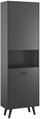 Newroom Vitrine Grau Glasvitrine Vitrinenschrank Wohnzimmer Push to Open | grifflos mit Schublade und offenem Fach, Einlegeböden, Wohnzimmerschrank, Standvitrine stehend, für Esszimmer und Flur