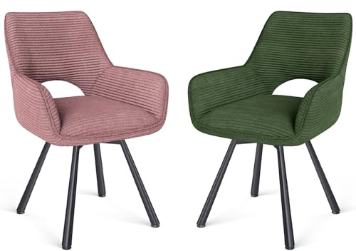 WAFTING Esszimmerstühle 2er Set Drehbar 360°, Armlehnstuhl, Rosa Grün Set | Metallbeinen,Cord Stoff,Küchenstühle,Wohnzimmerstuhl,Polsterstuhl mit Samt,Esszimmer,Restaurant,Schlafzimmer,Konferenzraum