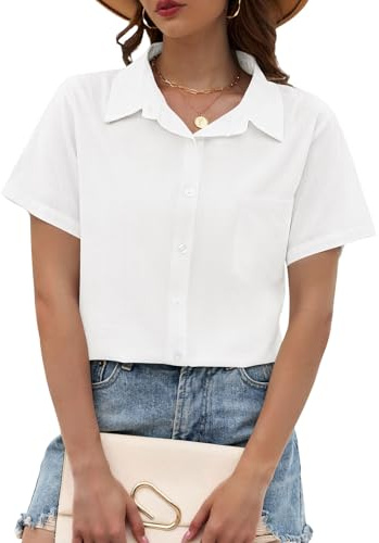 PASUDA Blusas Mujer Verano Camisas Manga Corta Elegante Camisa Cuello en V Túnica Tops Casual Algodon Lino Camisetas Sueltas Blusa con Botones Color Sólido Shirts