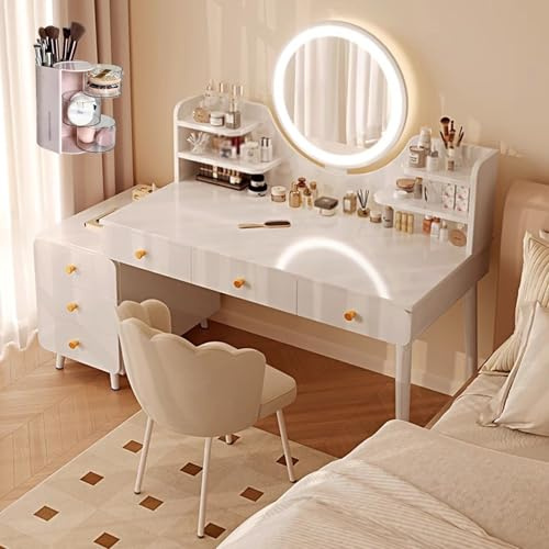 Toalettbord,Sminkbord Med 6 Lådor Och LED-spegel, Sminkbord Med Öppna Hyllor, Justerbar Ljusstyrka, Massor Av Förvaring(Dressing table+petal chair)