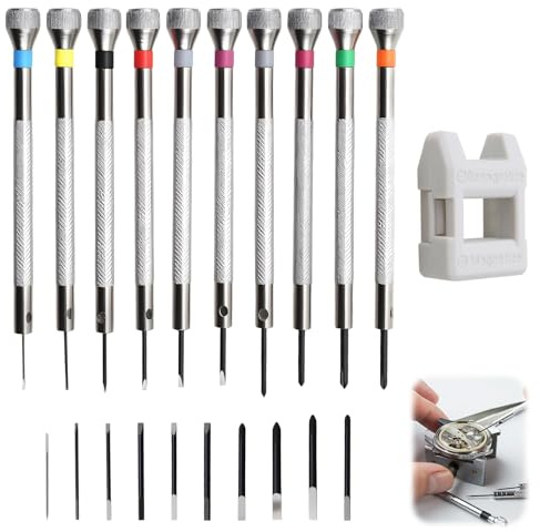 21PCS Watchmakers Screwdriver Set 0.6-1.6 mm, Precision Watch Screwdriver Set for Jewellers Watch Eyeglasses Clocks Jewelry Repair Magnetizer With10 Screwdrivers 10 Bits 1 Demagnetizer Tools