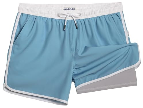 MaaMgic Costume da bagno corto da uomo, stile retrò, vintage, con compressione, pantaloni interni 2 in 1, ad asciugatura rapida, 4 vie, elastico e coulisse regolabile, Azzurro Grigio Bianco, XXL