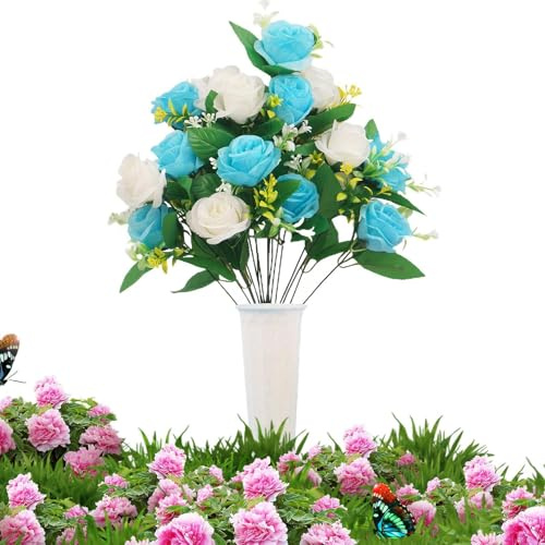 Fiori da cimitero – Bouquet da 45,7 cm in seta artificiale resistente alle intemperie, decorazione che svanisce, composizione commemorativa, accanto alla tomba, per donne e uomini