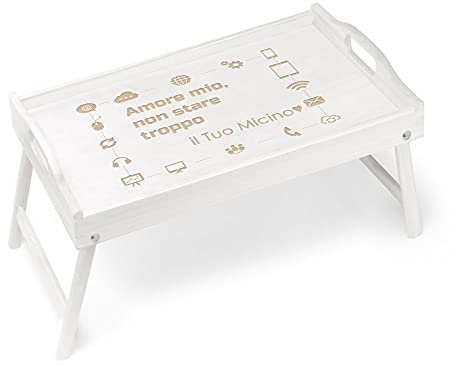 Maverton Vassoio da Colazione a Letto Personalizzato - Tavolino Pieghevole Bianco in Legno - Incisione Laser - Tavolo Multiuso 50 x 30 cm - regalo donna - Lapdesk