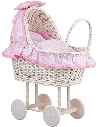 e-wicker24 Alles aus Weide Puppenwagen aus Weide mit Bettwäsche perfekte Geschenkidee Korbpuppenwagen schöner Spielzeug aus Korbgeflecht Korbwagen für Puppen Spielzeug für Mädchen (Kanninchenmuster)