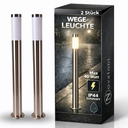 Novatool 2x Gartenlampen I 110 cm I Edelstahl I IP44 I E27 Sockel I Gartenleuchten Stehlampen Säulenlampen außen Außenlampen Aussenleuchten Sockelleuchten Pollerleuchten Pollerleuchte