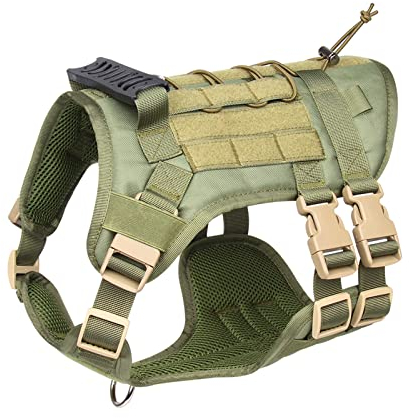 Taktische Weste Hundegeschirr Mittelgroße Hunde No Pull, Geschirr Hund Große Hunde Geschirrset, Militärische Zuggeschirr Hund mit Molle Panel für Hunter Wandern Training (Grün-S)