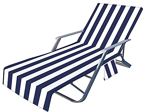 Surwin 3D Sun Lounger Beach Towel with Pockets, Classic Stripes Beach Chair Cover Chaise Lounge Towel Cover Mate Sunbed Towels For Summer Holiday Garden Outdoor Pool (75x210cm,Dark Blue)