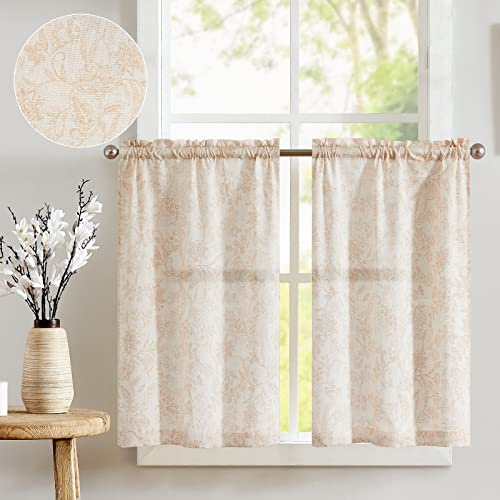 jinchan Floral Kitchen Curtains for Windows 36 Inch Linen Tier Farmhouse Cafe Curtains Country Botanic Small Window Rod Pocket Rustic Flax for Laundry Bathroom RV 2 Panels Taupe on Beige