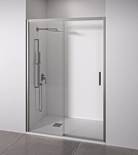 Mampara de ducha frontal 1 corredera + 1 fijo - sin perfilería inferior - Cristal transparente templado 6mm antical - Plata Brillo - Ancho adaptable 120 a 125cm - Posición puerta derecha - Alto 195cm