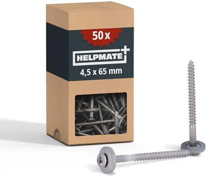 HELPMATE – Vis de ferblantier en acier inoxydable A2 – 4,5x65 mm – 50 pièces – PZ2 – DIN 7995 – tête bombée avec rondelle plate et rondelle EPDM