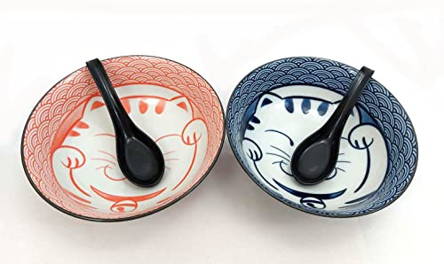 JapanBargain 4694 - Juego de 2 cuencos y cucharas de sopa de porcelana japonesa grande, diseño de gato de la suerte, color azul y rosa, fabricado en Japón, 36 onzas