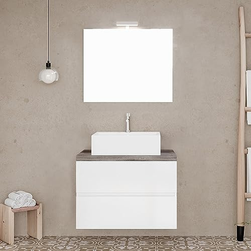 Inbagno Mobile Bagno sospeso 60 cm Bianco con Top Rovere fossile per lavabo d’appoggio, 2 cassettoni Soft-Close, Specchio LED Reversibile 60x80 cm, Town