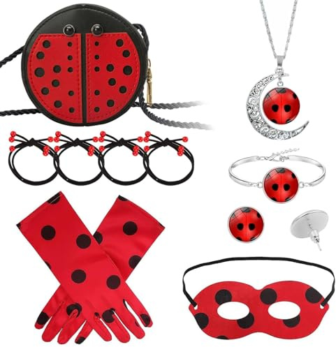 oosheon Kostüm Rot Zubehör Set Mädchen,Halskette+Armband+Ohrstecker+Maske+Tasche+Handschuhe+Haarbänder,Rollenspiel Set,für Halloween Karneval,Glücksgeschenk Mädchen Kinder