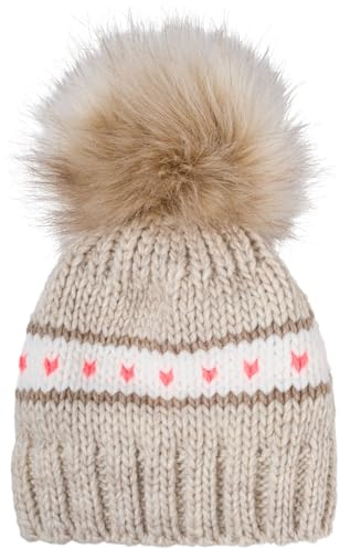 styleBREAKER Kinder Strick Bommelmütze Herzchen Muster Fleece | Für 3-5 Jahre (48-54cm Kopfumfang), 20cm Bundweite, 18cm Höhe, isolierendes Thermo-Innenfutter, 10cm Fake-Fur Pompon, weich.
