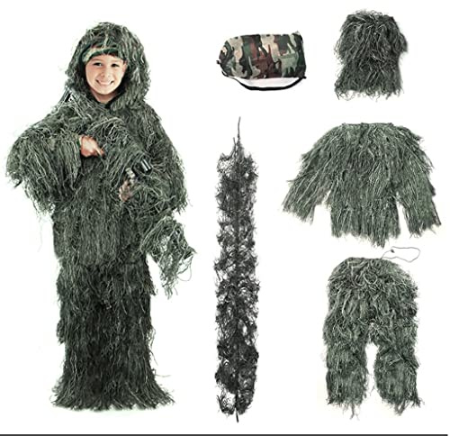 Children Ghillie Suit, Woodland Camo Poncho, Hunting Camouflage Clothes, Adult Ghillie Outdoor Suit, Tops Pants Jacket for Kid & Adult for Cs Halloween Suits A,150