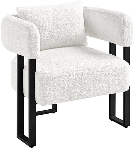 Yaheetech Tub Chair Boucle Armchair with Lumbar Pillow for Bedroom, White | Accent Chair with Metal Legs, Upholstered Vanity Chair, U-shaped Back & Arms, Adjustable Foot Pads, for Living Room Makeup
