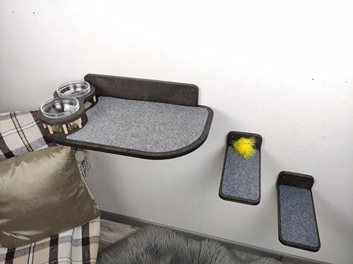 RshPets® Kletterwand Katzen - Katzenregal und 2 Stufen Set XXL - Katzenfutter Regale - Wandmontierter Katzenfutter - Futterspender für Katzen - Wandmontierte Katzenmöbel (Dunkle Farbe, Linke Seite)
