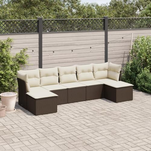 Rantry 7-TLG. Gartenmöbel Set mit Kissen Gartensofa Balkonmöbel Gartenlounge Loungesofa Rattansofa Modular Ecksofa Ecklounge Sitzgruppe Sofagarnitur Loungemöbel Braun Poly Rattan